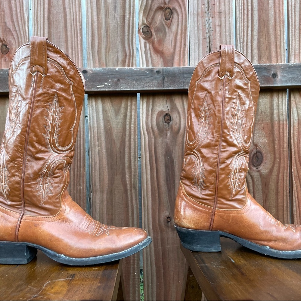 Vintage 1990’s Larry Mahan’s Brown Leather Cowboy Boots cognac leather - Picture 4 of 16